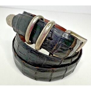 Bespoke Genuine Crocodile Black Leather belt Sz 38 Silver Tone Brass Buckle USA